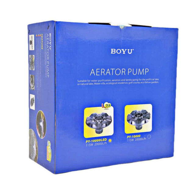 Boyu aerator pump packaging featuring models PY-10000LED and PY-10000 for water features and landscaping solutions.