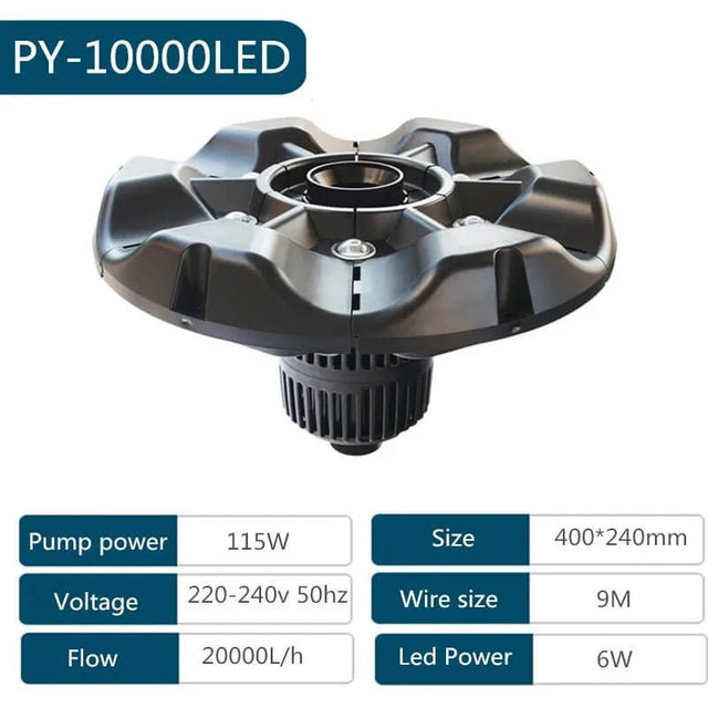Boyu Floating Fountain Air Pump with LED, specifications including power, size, voltage, and flow rate.