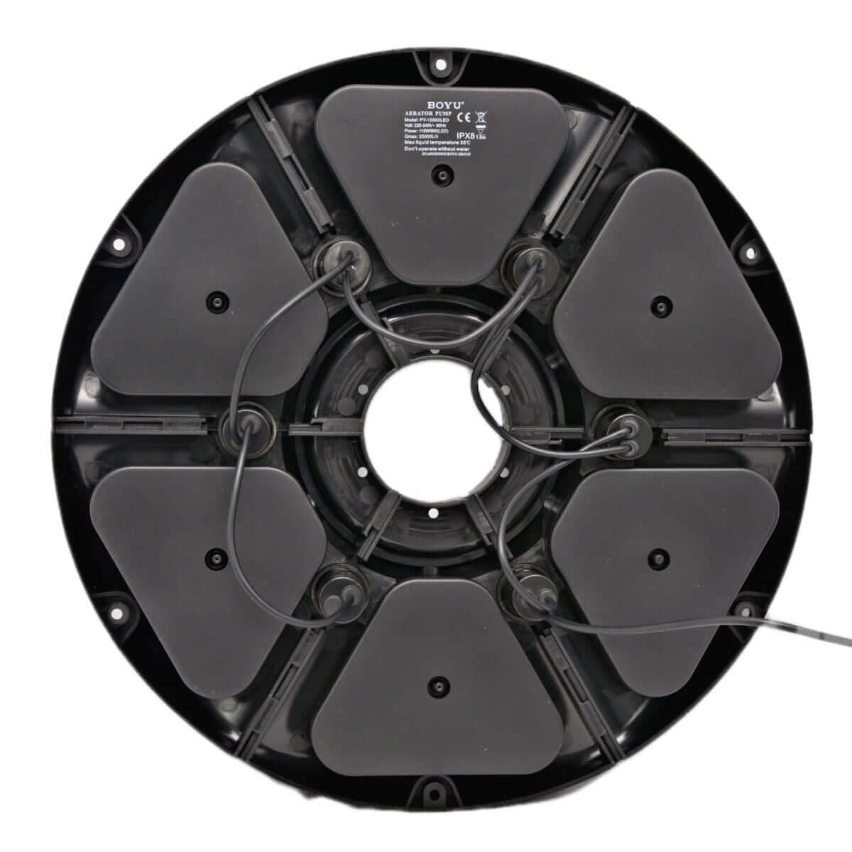 Boyu Floating Fountain Air Pump base showing multiple aeration outlets and cable connections for efficient water aeration.