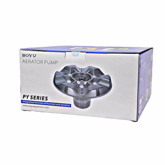 Boyu Aerator Pump PY Series box showcasing integration of fountain and aeration functions for water features.