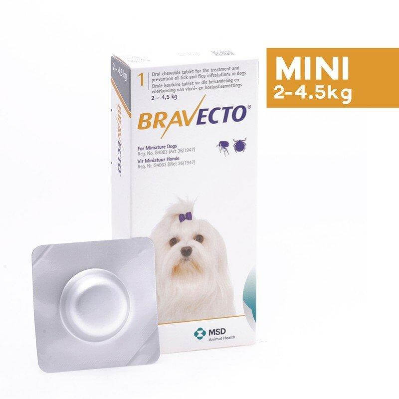 Bravecto Mini chewable tick and flea tablet packaging for dogs weighing 2-4.5kg, featuring a small dog on the box.