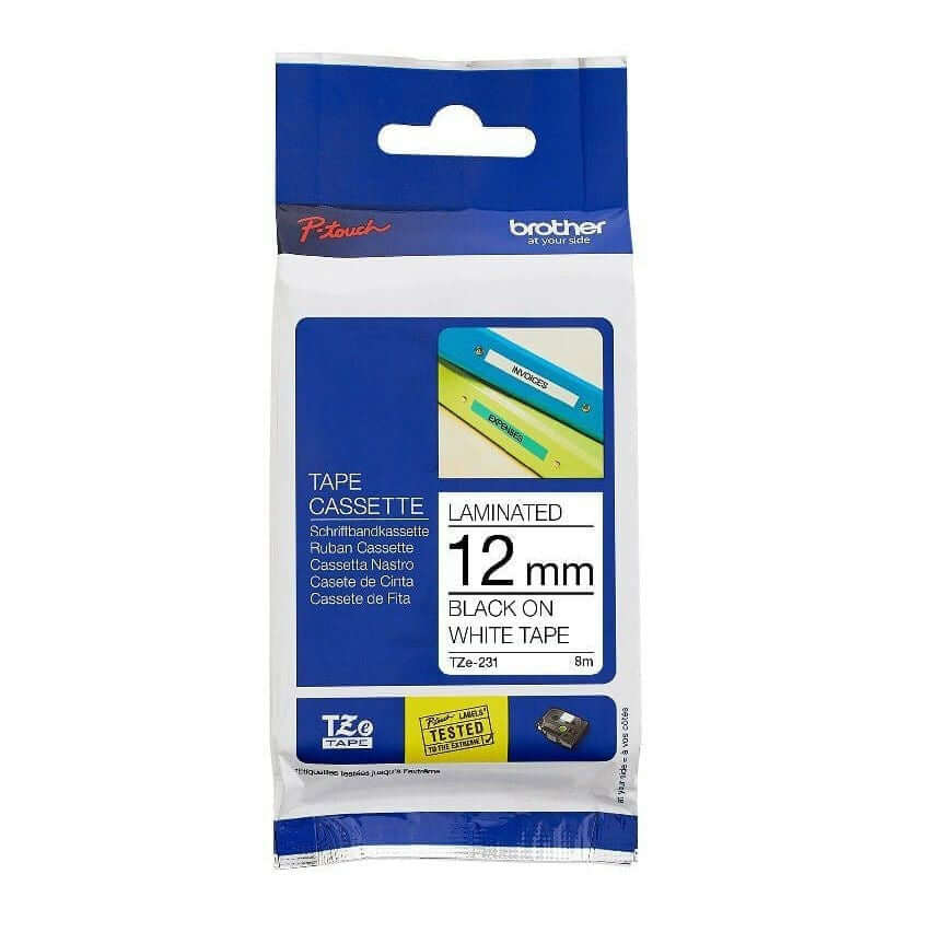 Brother 12mm Laminated Black on White Tape Cassette 8m for P-touch label printers.