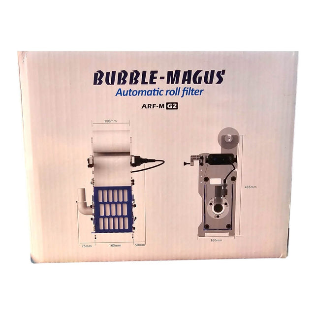 Bubble Magus Automatic Sump Filter Rollers G2 packaging with product dimensions and features displayed.