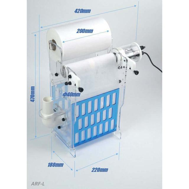 Bubble Magus Automatic Sump Filter Rollers G2 with dimensions and design for effective aquarium water filtration.
