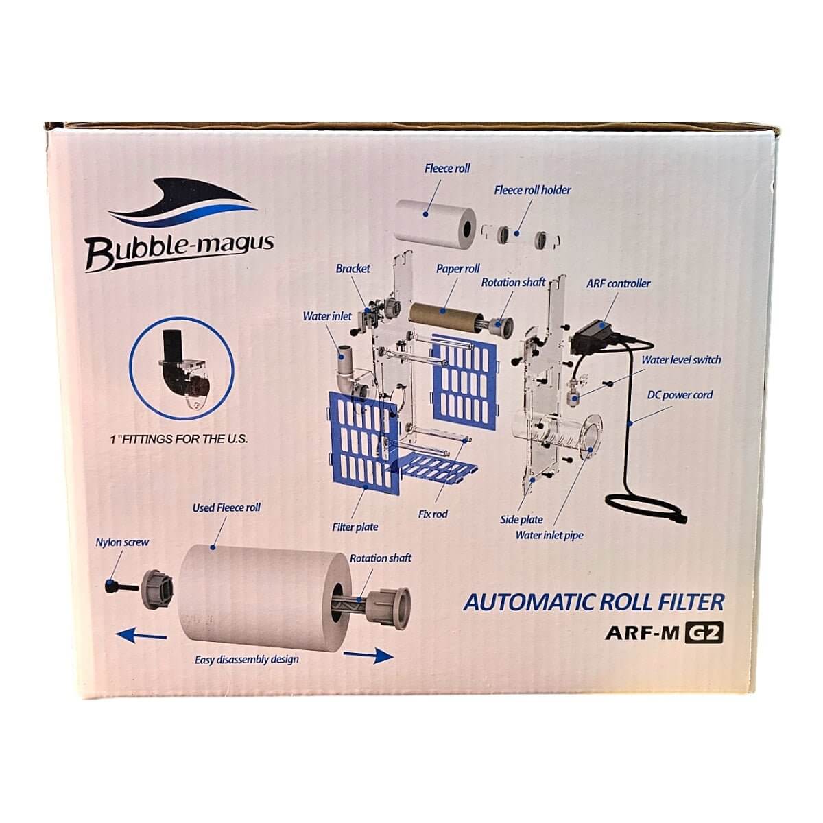 Bubble Magus Automatic Sump Filter Rollers G2 box design, showcasing filter components and features for efficient aquarium filtration.