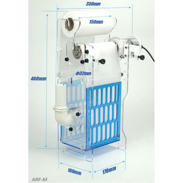 Bubble Magus Automatic Sump Filter Rollers G2 dimensions and design showcasing efficient water filtration for aquariums.