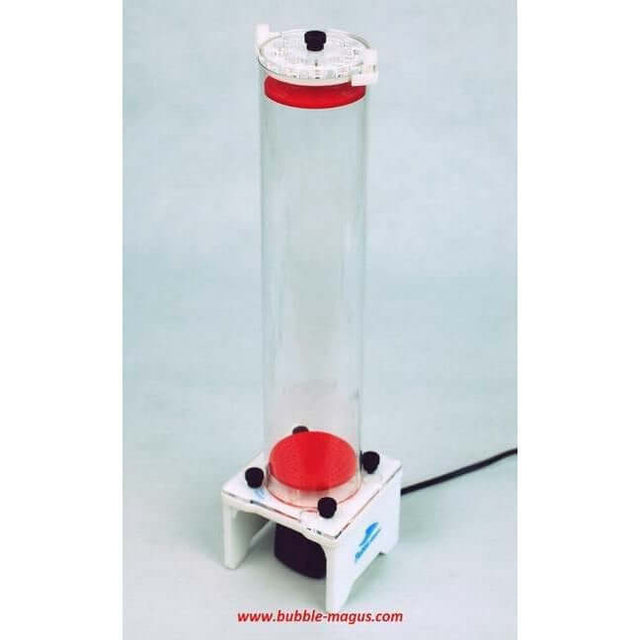 Bubble Magus Mini Reactor for efficient fluidization of filter materials in aquariums. Compact design with red accents.