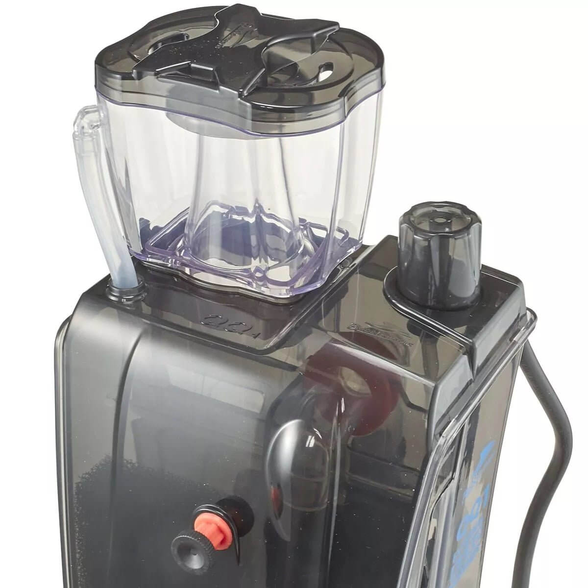 Close-up of the Bubble Magus QQ1 HOB protein skimmer's collection cup and control features for efficient aquarium filtration.