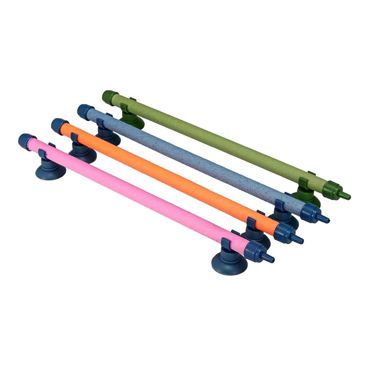 Colorful Bubble Wall Air Stones in pink, orange, blue, green, and gray, designed for aquariums to enhance fish environments.