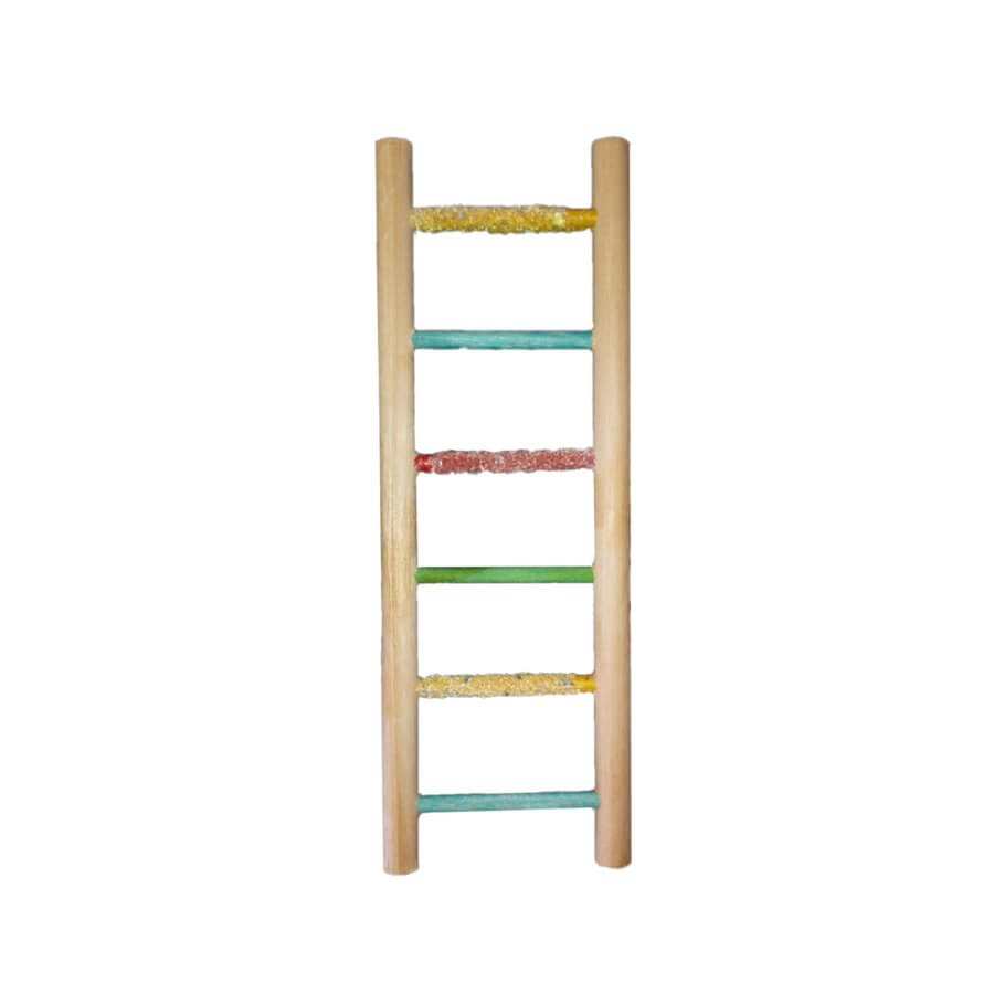 Budgie wooden ladder with sand perch steps, colorful design for climbing and nail maintenance.