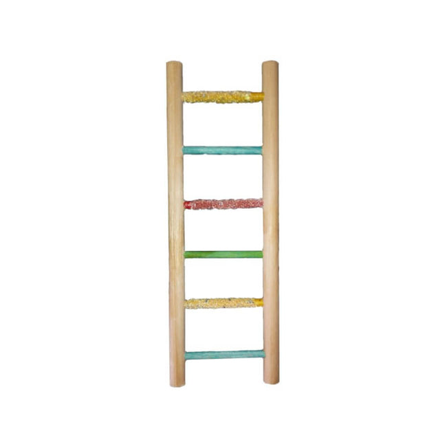 Budgie wooden ladder with sand perch steps, colorful design for climbing and nail maintenance.
