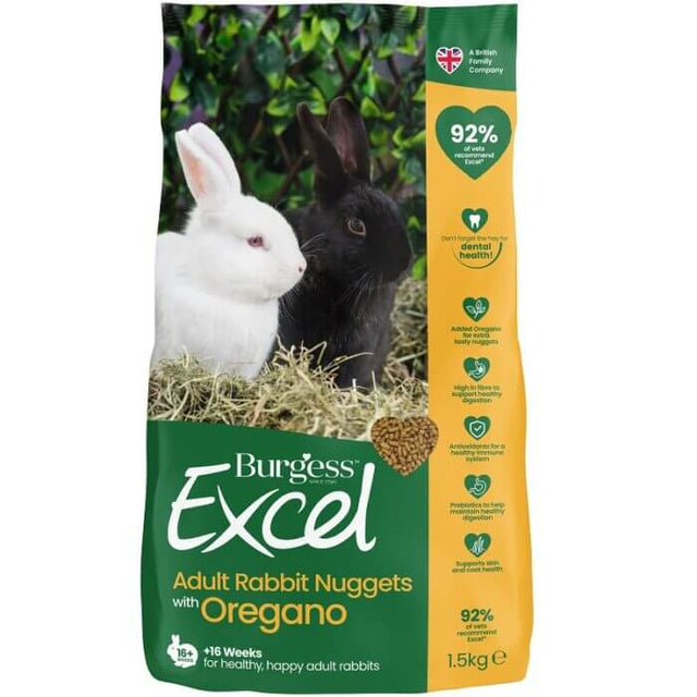 Burgess Excel Adult Rabbit Nuggets with Oregano 1.5kg packaging, featuring two rabbits, promoting digestive health and nutrition.