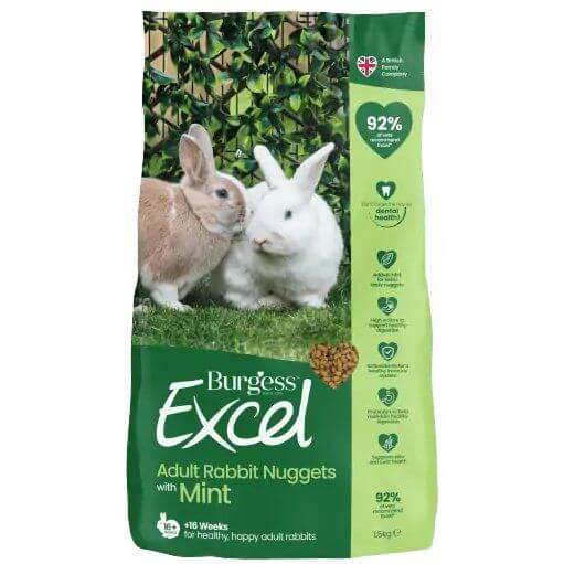 Burgess Excel Adult Rabbit Nuggets with Mint, high-fiber food for healthy adult rabbits, featuring two rabbits and packaging.