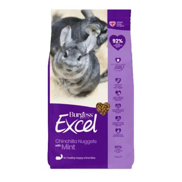 Burgess Excel Chinchilla Nuggets with Mint 1.5kg packaging featuring healthy chinchillas and nutritional benefits.