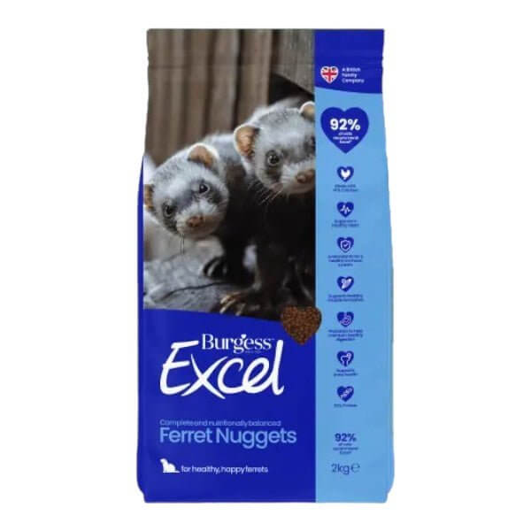 Burgess Excel Ferret Food 2kg bag featuring two ferrets, promoting health with high protein and prebiotics for optimal nutrition.