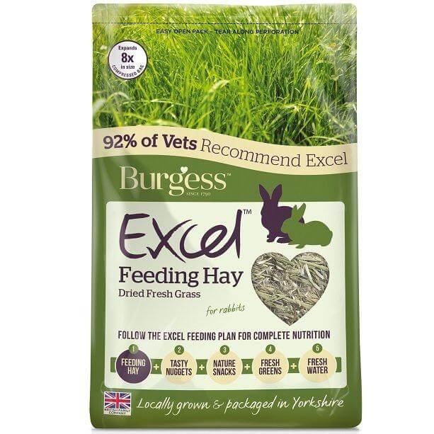 Burgess Excel Feeding Hay 1kg packaging, showcasing dried fresh grass for rabbit nutrition and vet recommendations.