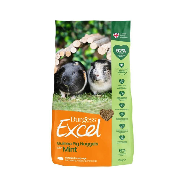 Burgess Excel Guinea Pig Nuggets with Mint packaging, featuring two guinea pigs and highlighting high fiber and vitamin C content.