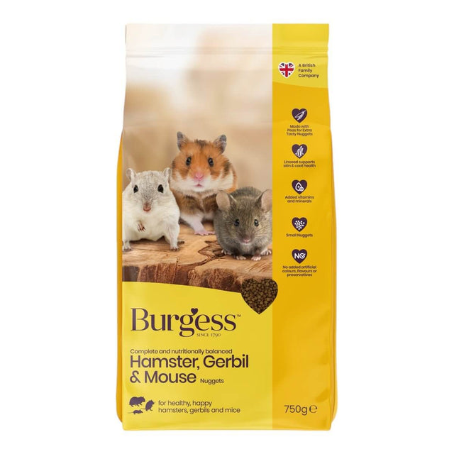 Burgess Excel Hamster Gerbil Mouse Food 750g with three small animals on a wooden surface, promoting healthy diets for pets.