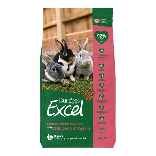 Burgess Excel Mature Adult Rabbit Nuggets with Cranberry and Thyme, suitable for older rabbits, 1.5kg bag.