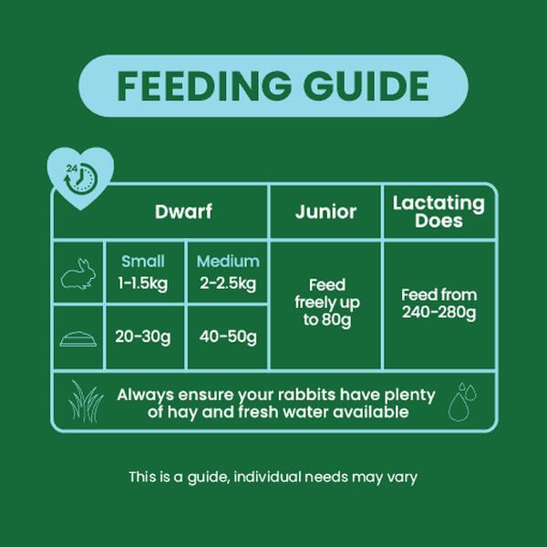 Feeding guide for dwarf, junior, and lactating rabbits including portion sizes and nutritional needs.