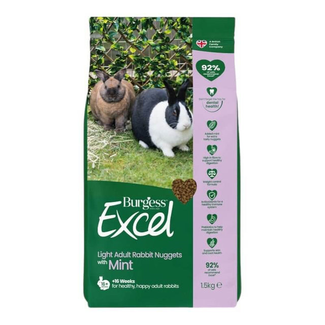 Burgess Excel Rabbit Light Nuggets 1.5kg packaging with two rabbits and mint flavor, ideal for weight control.