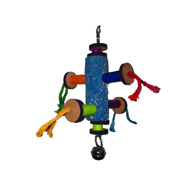 Colorful Calci Grit Gym Bird Toy featuring wood and rope for interactive play and exercise for birds.