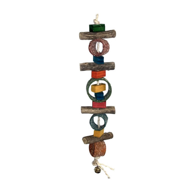 Calci Grit Jungle Rings Parrot Toy made of wood and rope, colorful and designed for bird entertainment and chewing.