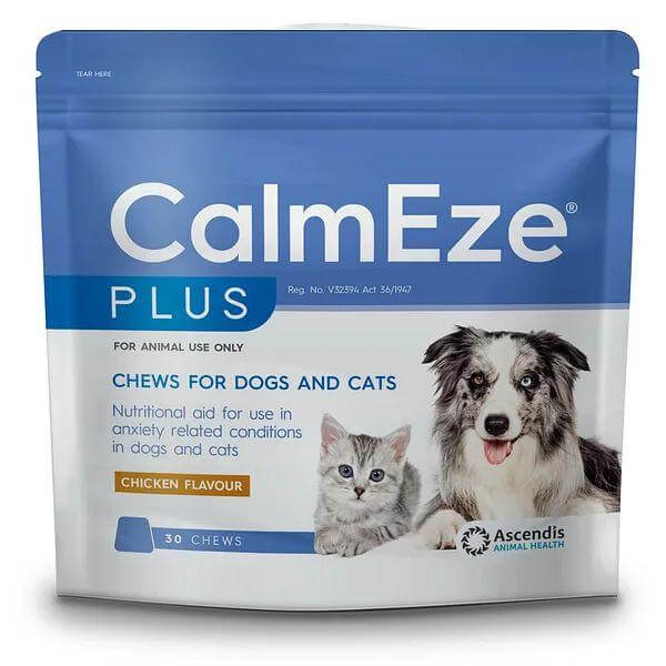 CalmEze Plus Chews for Dogs and Cats packaging, chicken flavor, 30 count, promotes relaxation and reduces anxiety in pets.