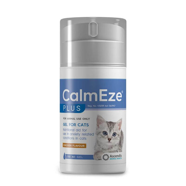 Calmeze Plus Gel for Cats 50ml, nutritional aid for anxiety, with chicken flavor, designed for stressed cats.