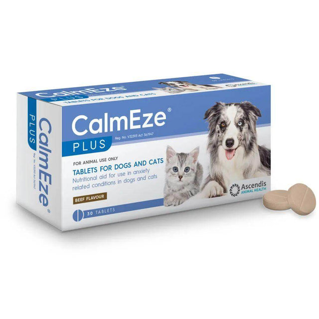 Calmeze Plus tablets for dogs and cats in packaging, promoting relaxation and reducing anxiety with beef flavor.