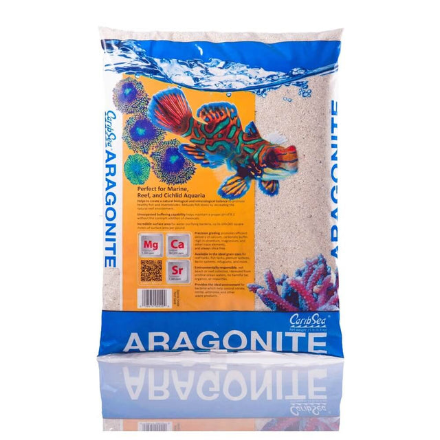 Caribsea Special Grade Seaflor aragonite reef sand packaging, ideal for marine and reef aquariums, showcasing vibrant sea life.
