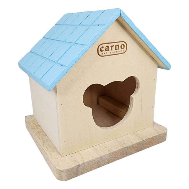 CARNO Wooden Hamster House with blue roof and bear-shaped entrance on a wooden base, perfect for pet comfort and style.