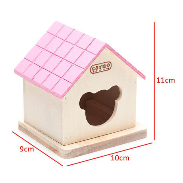 CARNO Wooden Hamster House with pink roof, dimensions 10x9x11 cm, cozy shelter for hamsters and small rodents.