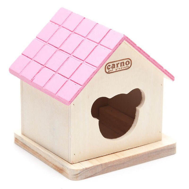 CARNO Wooden Hamster House with pink roof and bear-shaped entrance, perfect cozy home for hamsters and small rodents.