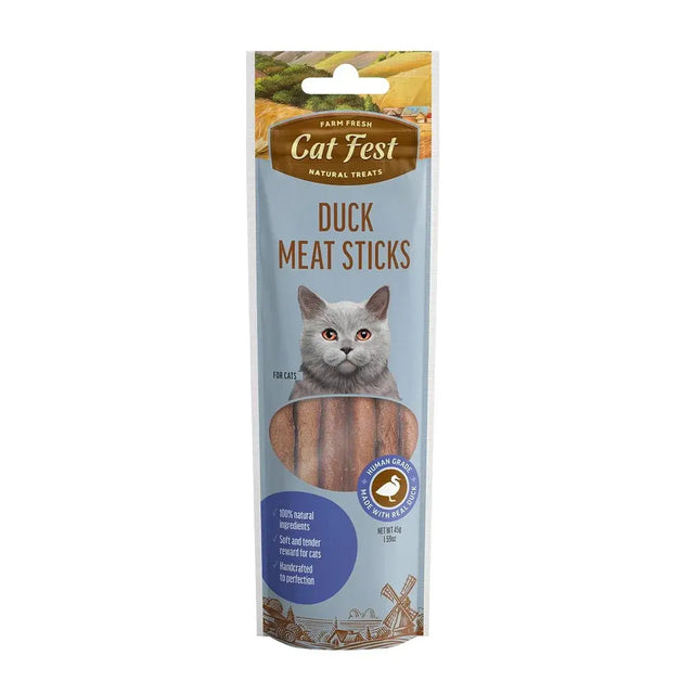 Cat Fest Duck Meat Sticks 45g packaging featuring a happy cat and natural treat design, showcasing real duck ingredients.