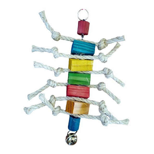 Colorful wooden caterpillar bird toy with rope, designed for fun and stimulation for pet birds.