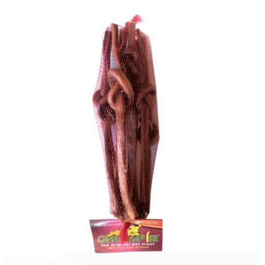 Chompie Knotted 250g pet treat sticks made from pure beef for dental health and low fat, perfect for stimulating pets.