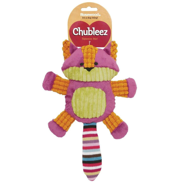 Chubleez Charlie Cat plush dog toy featuring bright colors, multi-textured fabric, and a squeaker inside for playful fun.
