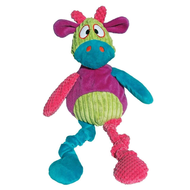 Plush multi-textured Chubleez Chloe Cow toy in vibrant colors with hidden squeaker for cuddling and playtime.