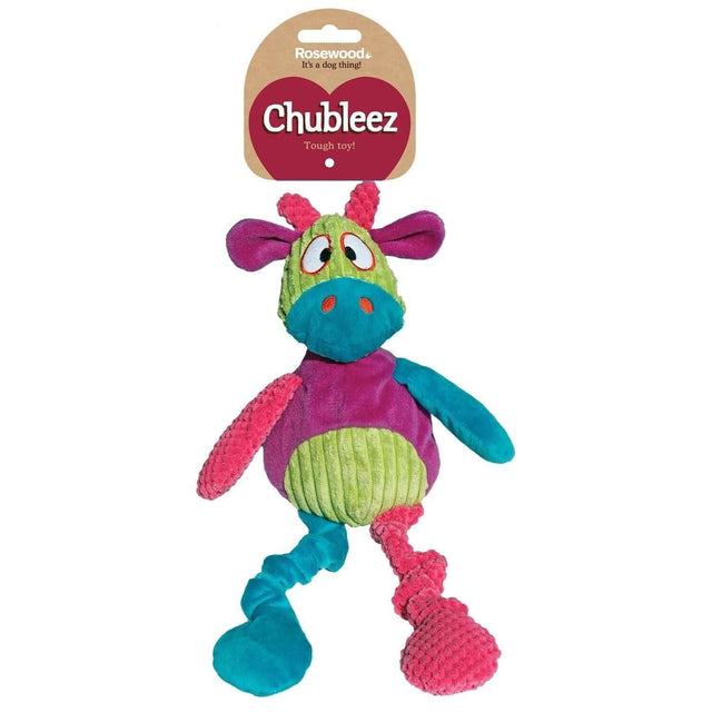 Chubleez Chloe Cow plush toy by Rosewood, multi-textured with hidden squeaker, perfect for cuddling and playtime.