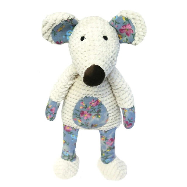 Chubleez Maisie Mouse plush dog toy with floral patterns, perfect for cuddling and playtime, featuring a hidden squeaker.