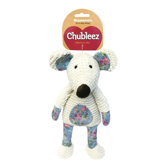 Chubleez Maisie Mouse dog toy with floral patterns and squeaker, perfect for cuddling and playtime. Size: 360mm x 140mm x 140mm.