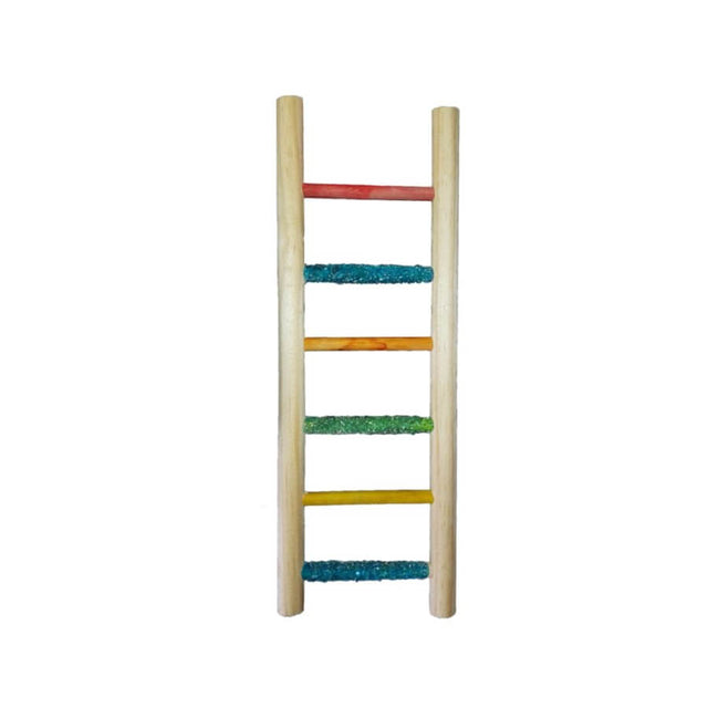 Cockatiel wooden ladder with colorful sand perch steps for playful climbing and nail maintenance.