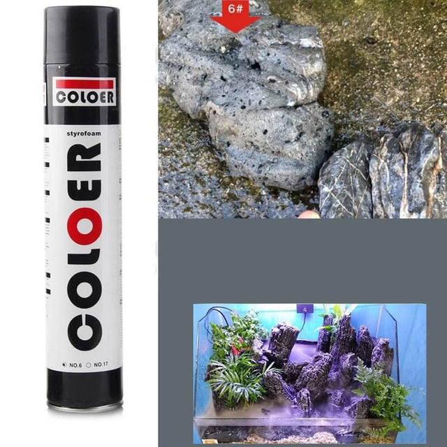 Coloer Hardscape PU Foam 900ml next to natural rock in a landscape, ideal for enhancing outdoor features and pond designs.
