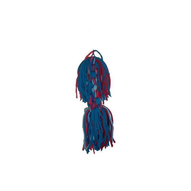 Colorful blue and red dog toy with fringes, perfect for interactive play and chewing. Durable and entertaining for dogs.