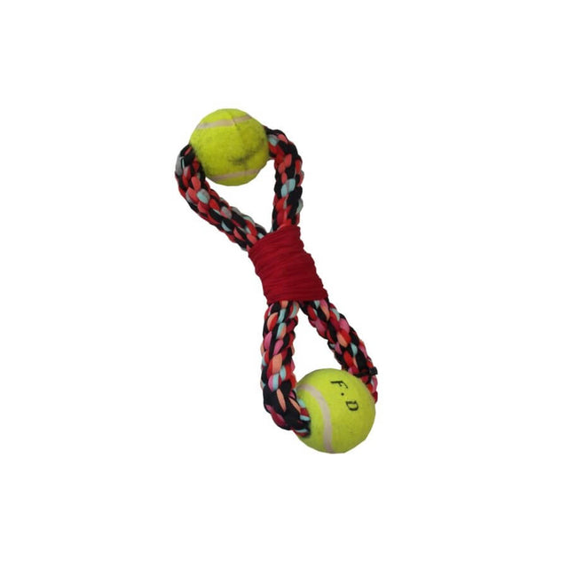 Cotton Figure 8 dog toy with two tennis balls for interactive play and tugging fun. Ideal for energetic pets and bonding moments.