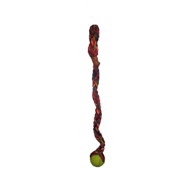 Cotton sling dog toy with a tennis ball for interactive fetching and tugging play. Perfect for hours of bonding fun!