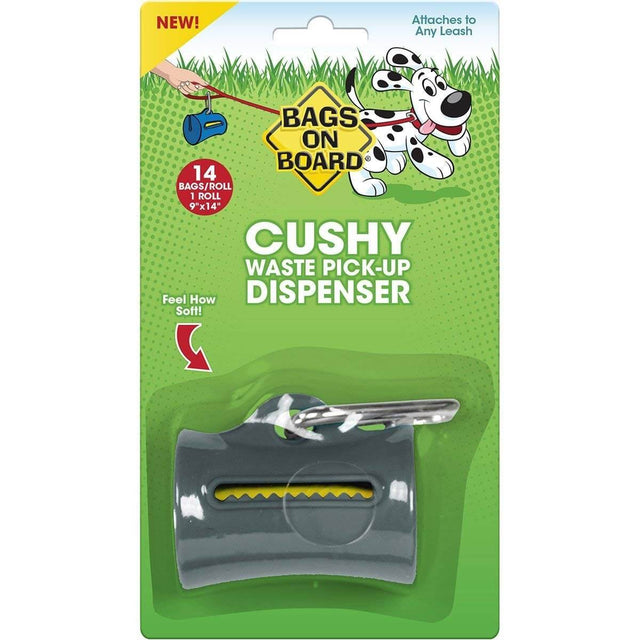 Cushy waste bag pickup dispenser in grey with 14 bags, featuring a metal carabiner for easy attachment to leashes.