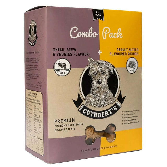 Cuthbert's Combo Pack Dog Biscuits 1kg with oxtail stew and peanut butter flavors in a premium oven-baked treat box.