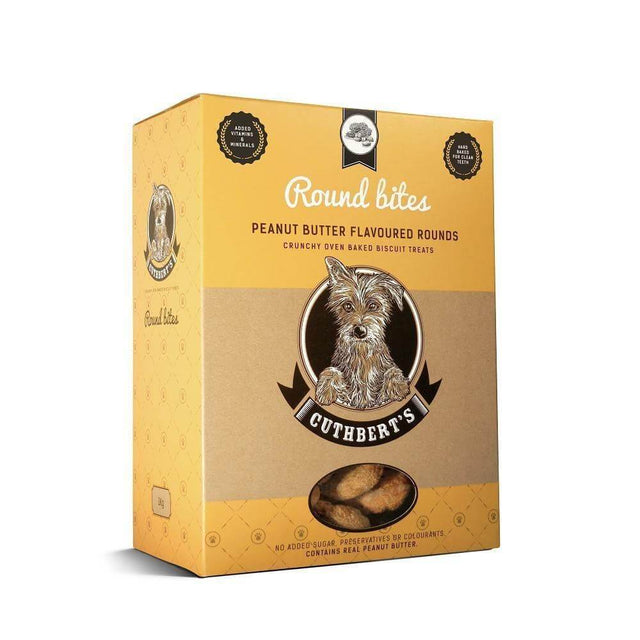 Cuthbert's Peanut Butter Round Dog Biscuits 1kg packaging featuring crunchy biscuit treats for dogs.